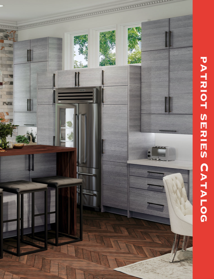 Cover photo of the Patriot Series Catalog, which is showing a kitchen with new torino grey wood cabinets, and text at the right side which reads "Patriot Series Catalog".